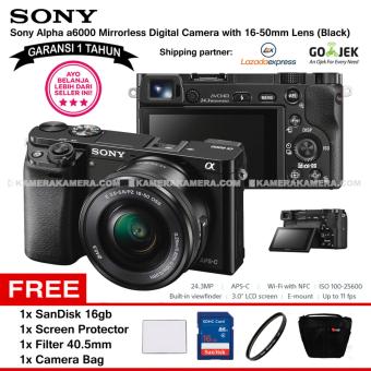 SONY Alpha 6000 Black with 16-50mm Lens Mirrorless Camera a6000 - WiFi 24.3MP Full HD (Garansi 1th) + SanDisk 16gb + Screen Guard + Filter 40.5mm + Camera Bag  