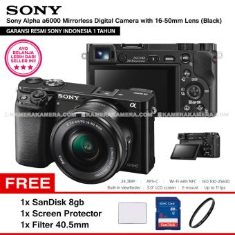 SONY Alpha 6000 Black with 16-50mm Lens Mirrorless Camera a6000 - WiFi 24.3MP Full HD (Resmi Sony) + SanDisk 8gb + Screen Guard + Filter 40.5mm  