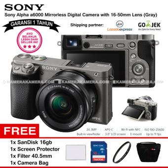 SONY Alpha 6000 Gray with 16-50mm Lens Mirrorless Camera a6000 - WiFi 24.3MP Full HD (Garansi 1th) + SanDisk 16gb + Screen Guard + Filter 40.5mm + Camera Bag  