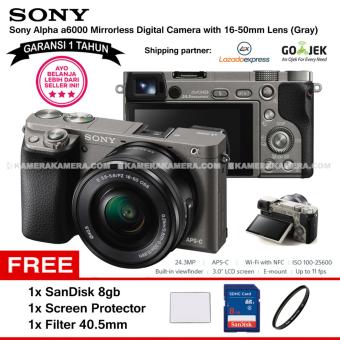SONY Alpha 6000 Gray with 16-50mm Lens Mirrorless Camera a6000 - WiFi 24.3MP Full HD (Garansi 1th) + SanDisk 8gb + Screen Guard + Filter 40.5mm  