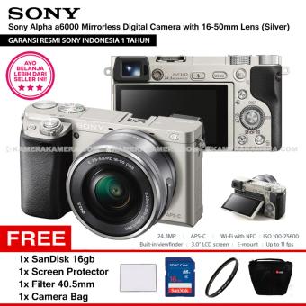 SONY Alpha 6000 Silver with 16-50mm Lens Mirrorless Camera a6000 - WiFi 24.3MP Full HD (Resmi Sony) + SanDisk 16gb + Screen Guard + Filter 40.5mm + Camera Bag  
