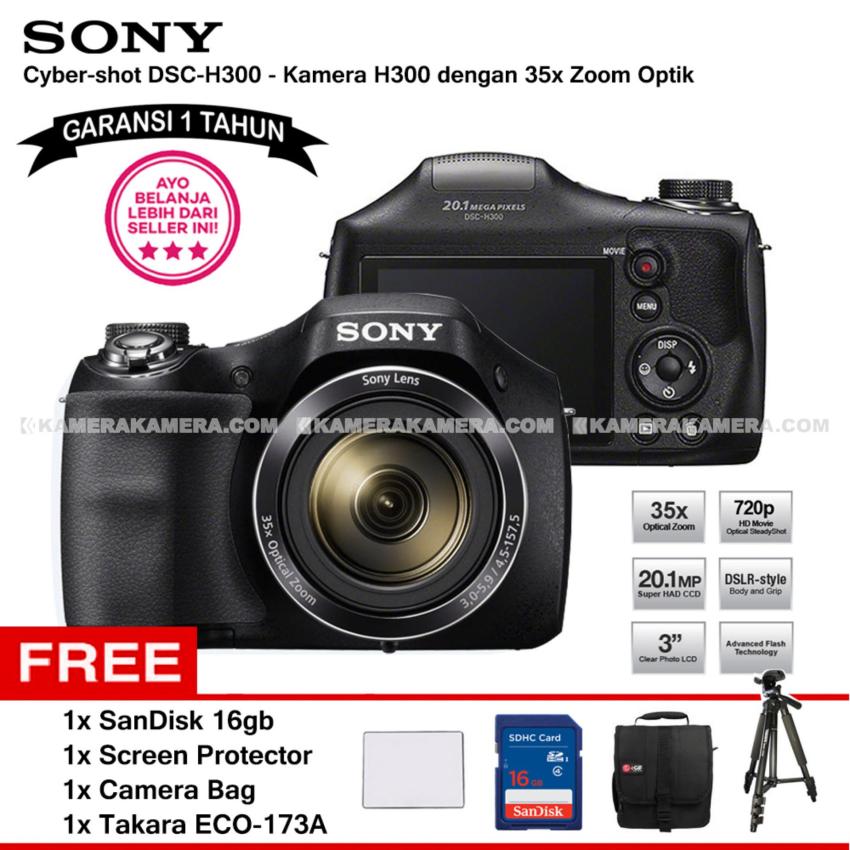 SONY Cyber-shot DSC-H300 Digital Camera H300 (Garansi 1th) 20.1MP 35x Zoom + SanDisk 16gb + Screen Protector + Camera Bag + Takara ECO-173A  