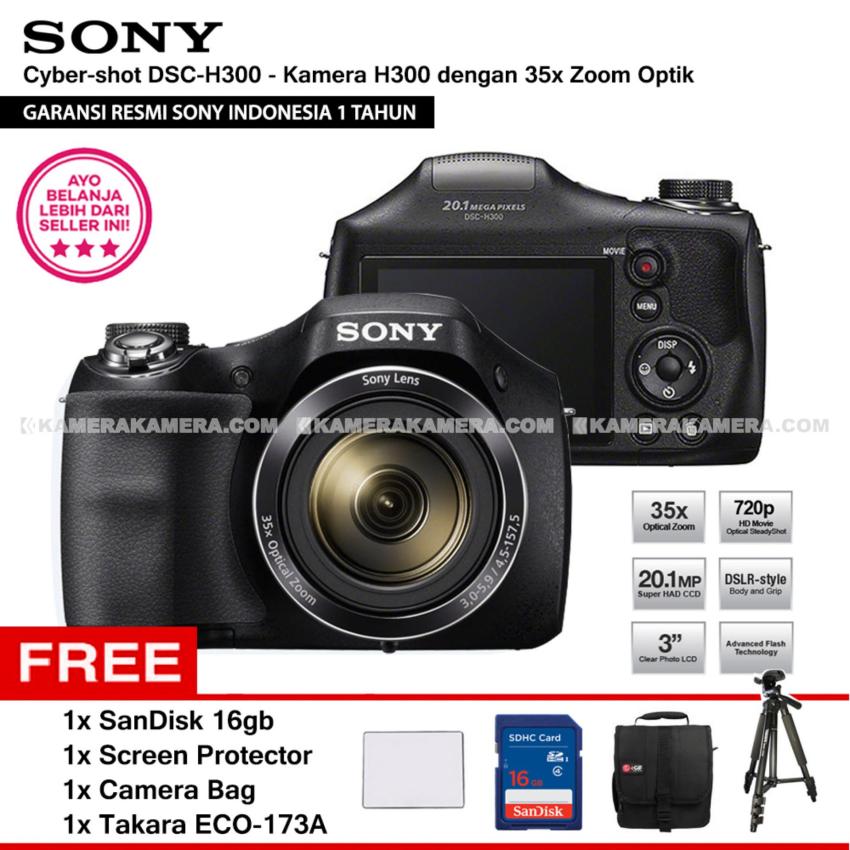 SONY Cyber-shot DSC-H300 Digital Camera H300 (Resmi Sony) 20.1MP 35x Zoom + SanDisk 16gb + Screen Protector + Camera Bag + Takara ECO-173A  