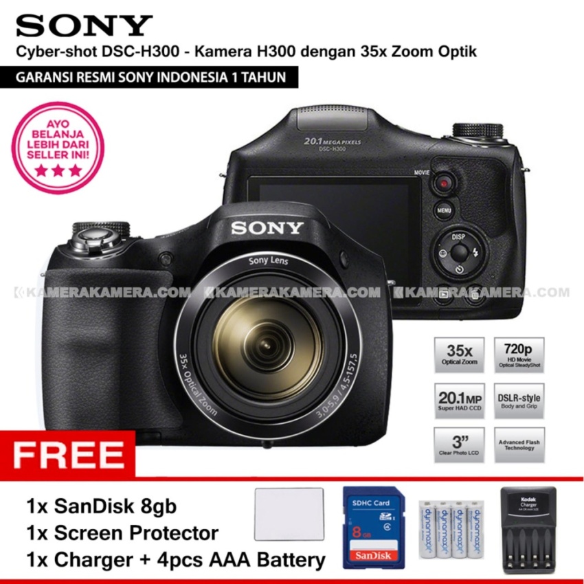 SONY Cyber-shot DSC-H300 Digital Camera H300 (Resmi Sony) 20.1MP 35x Zoom + SanDisk 8gb + Screen Protector + Charger + 4pcs AA Battery  