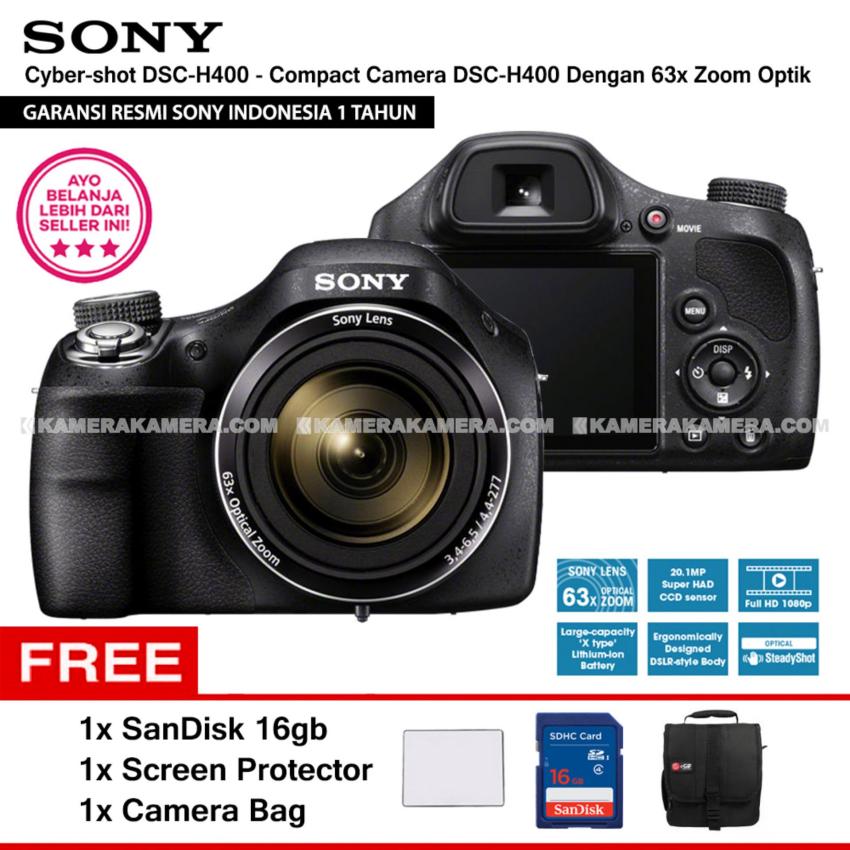 SONY Cyber-shot DSC-H400 - Compact Camera H400 63x Optical Zoom (Resmi Sony) + SanDisk 16gb + Screen Protector + Camera Bag  