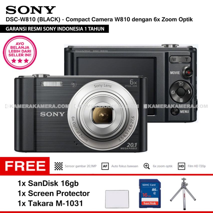 SONY Cyber-shot DSC-W810 Compact Camera W810 (BLACK) 20.1 MP 6x Optical Zoom HD Movie 720p - Resmi Sony + SanDisk 16gb + Screen Protector + Takara M-1031  