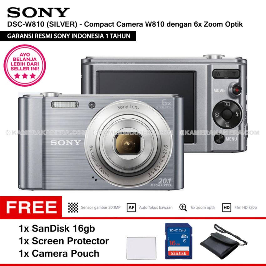 SONY Cyber-shot DSC-W810 Compact Camera W810 (SILVER) 20.1 MP 6x Optical Zoom HD Movie 720p - Resmi Sony + SanDisk 16gb + Screen Protector + Camera Pouch  
