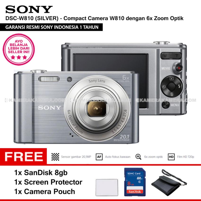 SONY Cyber-shot DSC-W810 Compact Camera W810 (SILVER) 20.1 MP 6x Optical Zoom HD Movie 720p - Resmi Sony + SanDisk 8gb + Screen Protector + Camera Pouch  