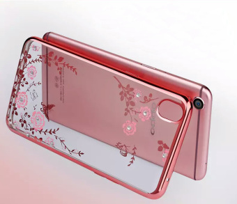 Detail Gambar TPU silikon Gel lembut berlian kristal berwarna merah muda bungabagian belakang untuk Oppo A37