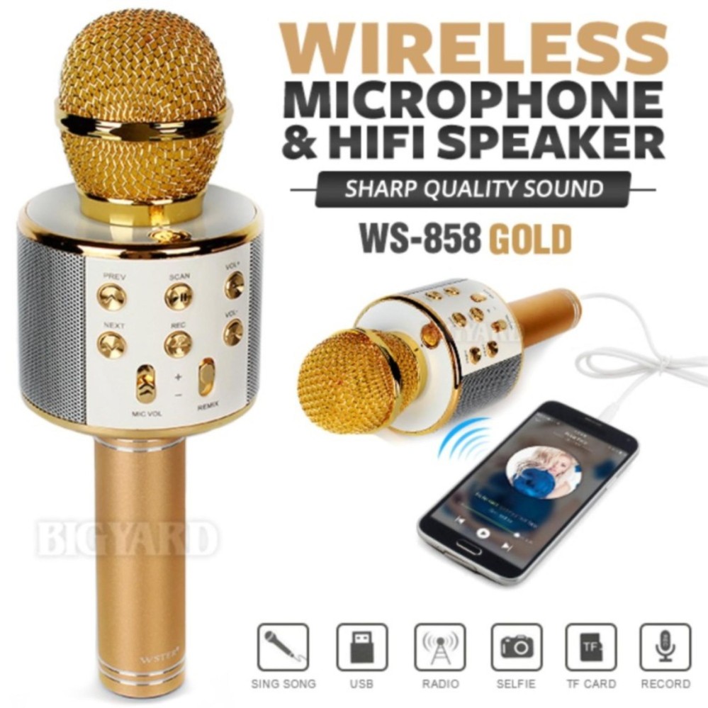 WS-858 Bluetooth Wireless Speaker Microphone USB Karaoke Smule - Gold