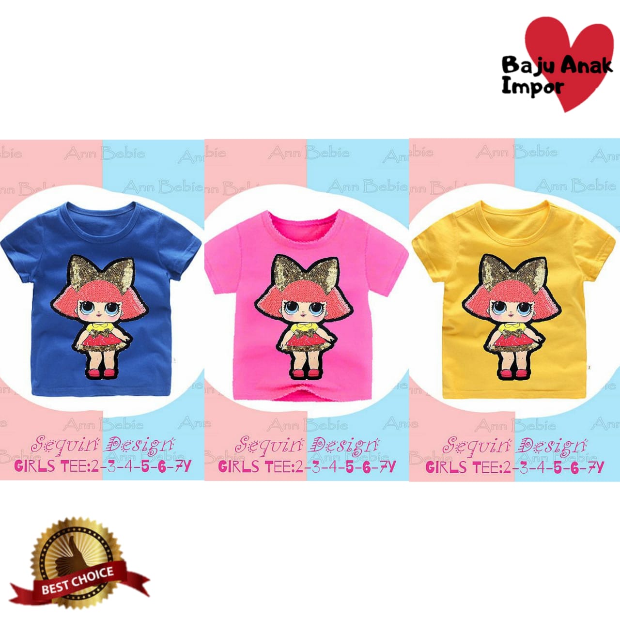 Kaos Anak Perempuan Import Sequin Lol Suprise #5 Baju Anak Perempuan Motif Kartun Atasan Kaos Anak Lengan Pendek