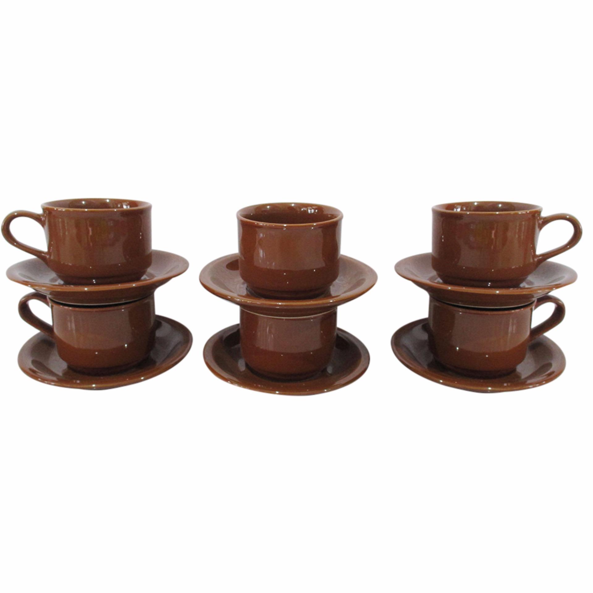 Mitra Loka Cangkir Kopi Dan Teh Dengan Saucer Bahan Keramik Set 12pcs / Cangkir Teh / cangkir Kopi / Cangkir Keramik - Mocca