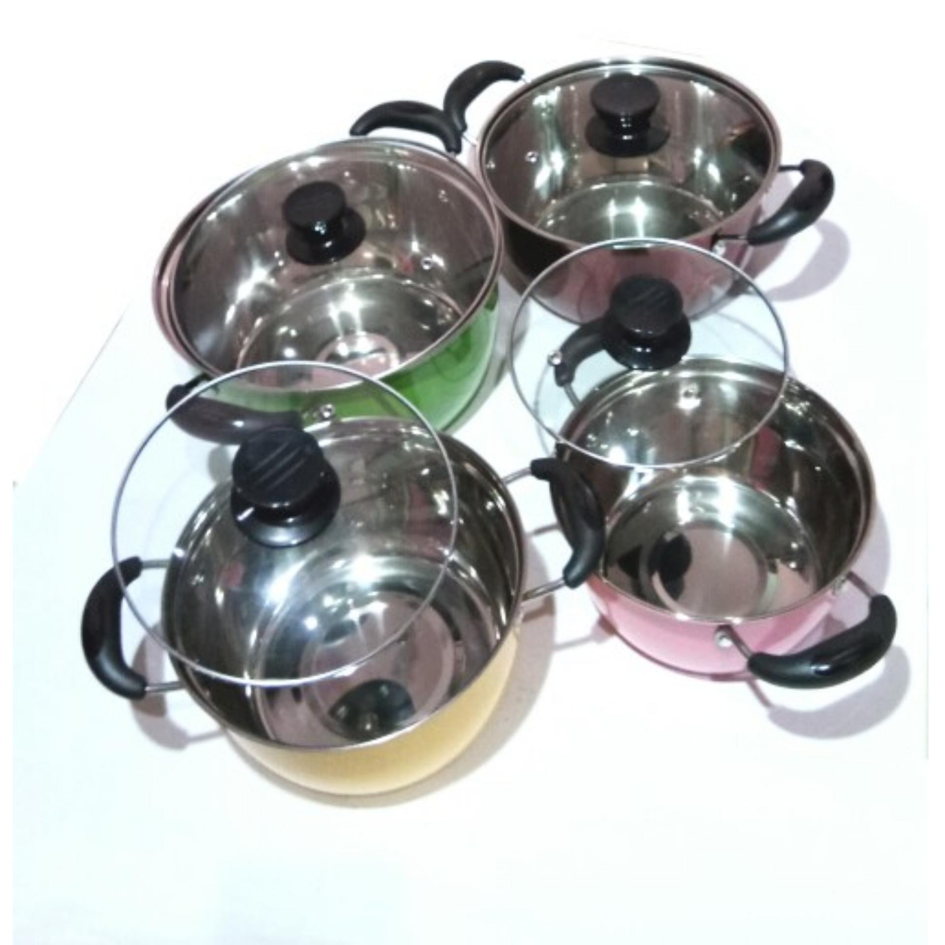 Panci Set Stainless Warna Warni 8pcs[4 Panci Warna + 4 Tutup Kaca]