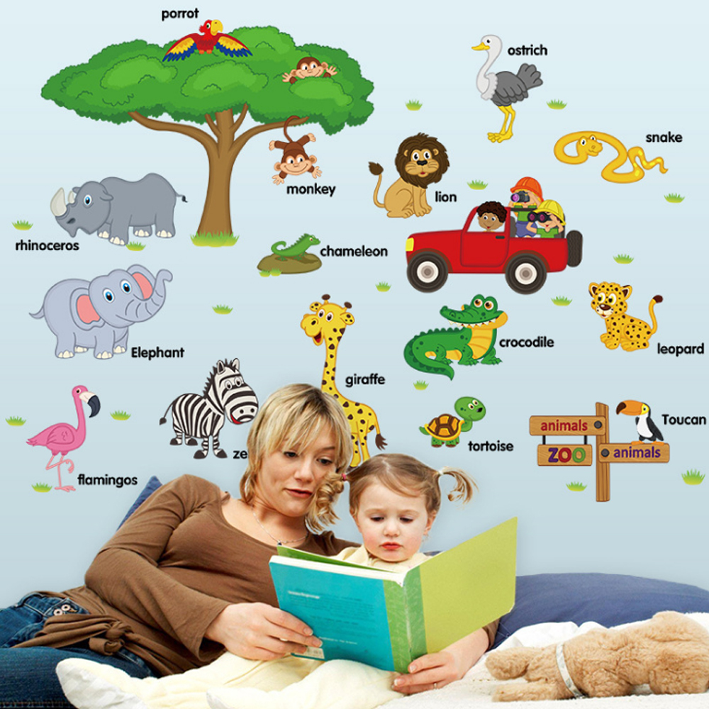 Pohon hewan Jerapah gajah Bahasa Inggris huruf stiker dinding rumah stiker PVC mural Paper House Wallpaper ruang tamu dekorasi kamar tidur gambar seni untuk anak remaja dewasa Senior bayi - International