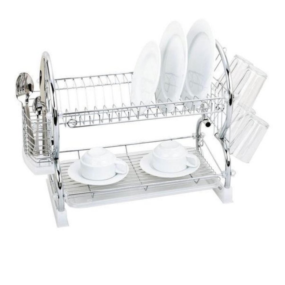 Rak Piring  2 Tier Cutlery Basket Dish Utensil Drying Rack, Silver