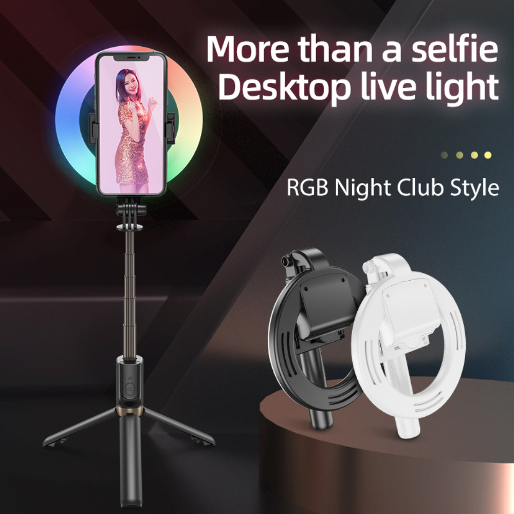 Jnan 360องศาแบบพกพาไร้สายบลูทูธ Selfie Stick พร้อม RGB แหวนเติมขาตั้งกล้องแบบเบา Bluetooth รีโมทคอนโทรลสำหรับ iPhone สำหรับ Samsung แต่งหน้าวิดีโอสด Travel