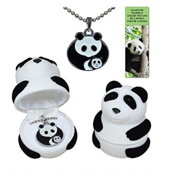 Gambar Panda mother with baby cub necklace gift set in black and white velour panda jewelry box with fun quote panda bookmark   intl