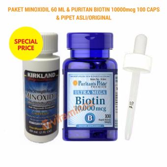 Gambar Kirkland Minoxidil 5% 60ml +Puritan Biotin 10,000 mcg 100 Softgel + Free pipet Ori