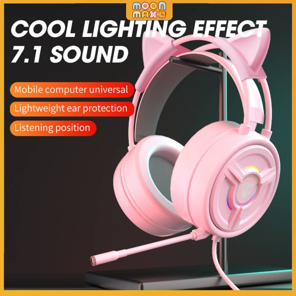 MOONMAX Tai Nghe Stereo Có Dây Tai Nghe Trùm Đầu Tai Nghe Chơi Game, Tai Nghe Chơi Game Âm Thanh 4D Với Chất Lượng Âm Thanh Cao Với Mic Đa Hướng Tai Nghe Chơi Game Tai Mèo Màu Hồng Cho Bé Gái Dễ Thương Có Mic