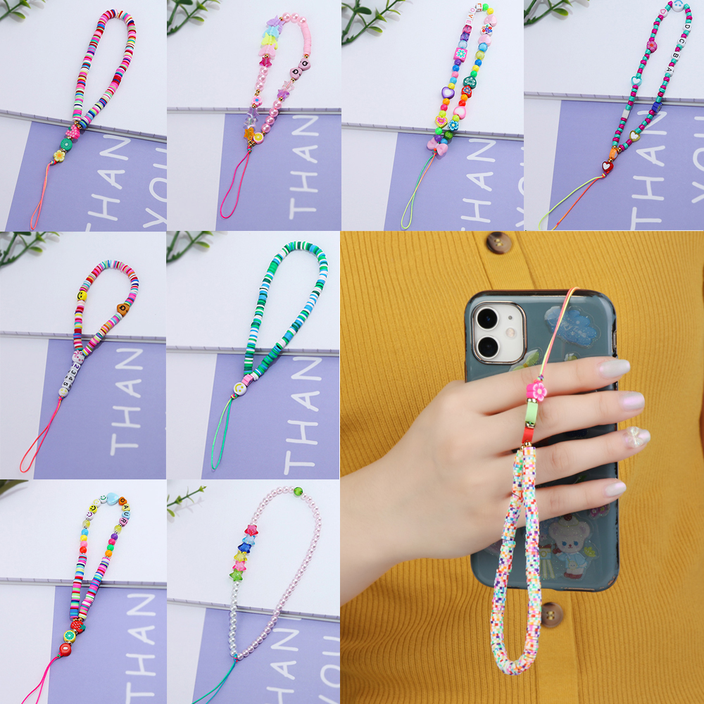 FANGCU272 Multi Color Soft Silicone Lanyard for Keys Smile Pearl Necklace Strap Phone Charm Strap Mobile Chain Phone Choker