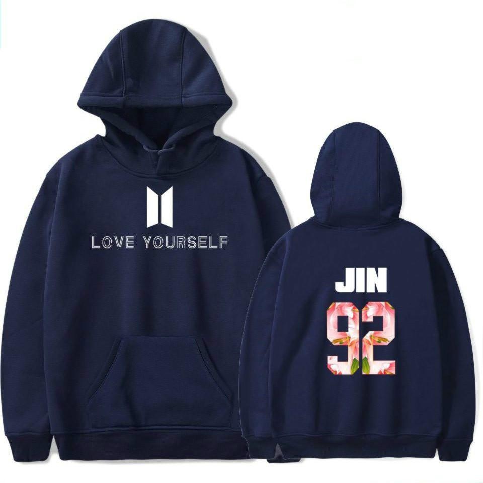 2017 Baru Kedatangan BTS Bangtan Boys Sweatshirts Hoodie Wanita BTS Mencintai Diri Sendiri Wanita/pria Hoodies Sweatshirts Musim Gugur dan Musim Dingin Penggemar Sweatshirts Maxi Plus Ukuran XXXXL Wanita/Pria Hoodies JIN 92 (Navy Biru) -Intl