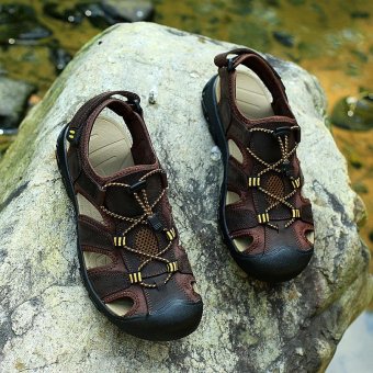 2017 Baru Musim Panas Pria Flat Leather Slipper Sandal Sandal Hiking S2686 (Dark Brown)