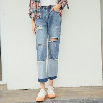 Spring Korean Fashion Boyfriend Style Women High-Waist Ripped Jeans Joint Loose Straight Denim Pants