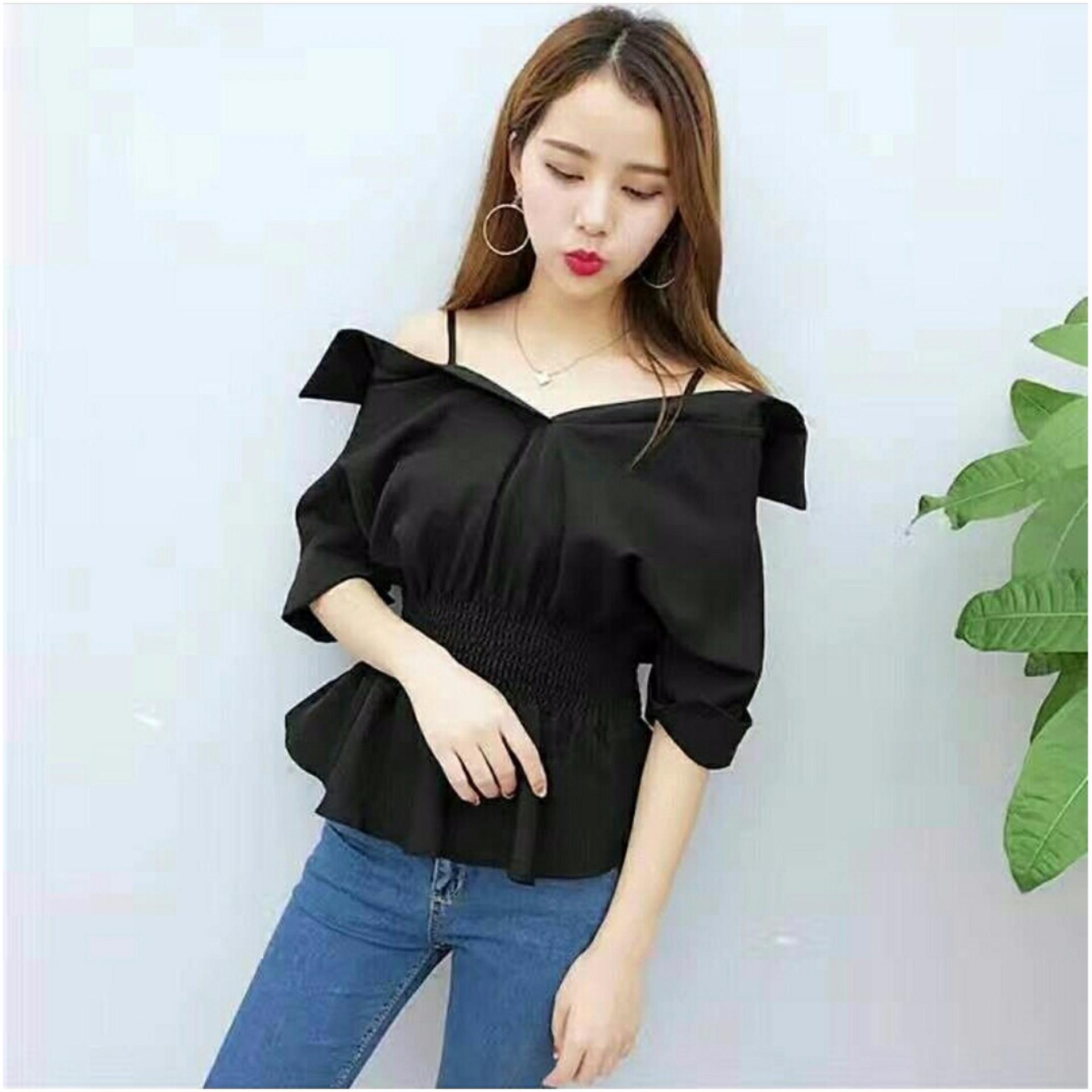 369 Blouse Becca Casual Wanita Model Sabrina Bahan Baloteli Import - Maroon