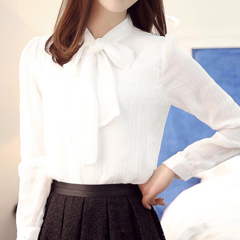 Amart 2017 Spring Wanita Kemeja Jersey Rayon Pita Lengan Panjang Blus Kantor Pakai Atasan Kasual (putih)-International