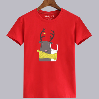 Gambar Angin Eropa kepribadian katun lengan pendek mahasiswa t shirt remaja (Rusa dan kelinci putih merah)