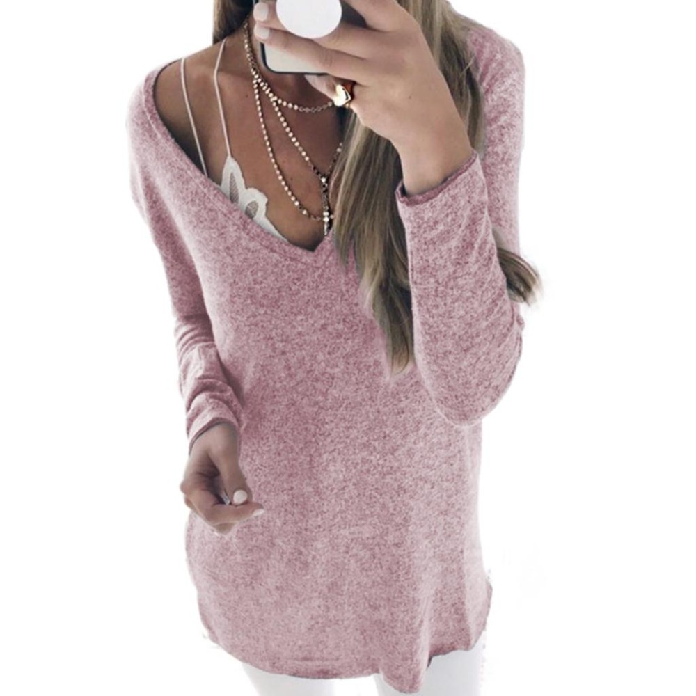 Atasan Wanita Girl Long Sleeve V Leher Solid Warna Soft Kasual Blus Pullover Tops Sweter-Intl