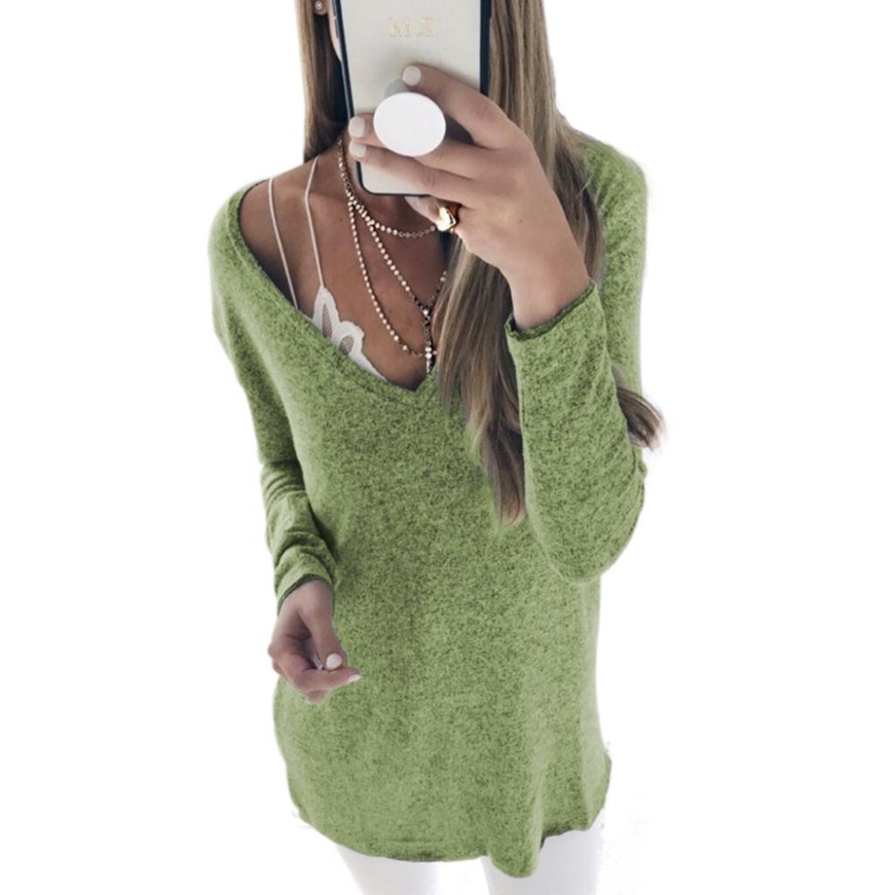 Atasan Wanita Girl Long Sleeve V Leher Solid Warna Soft Kasual Blus Pullover Tops Sweter-Intl