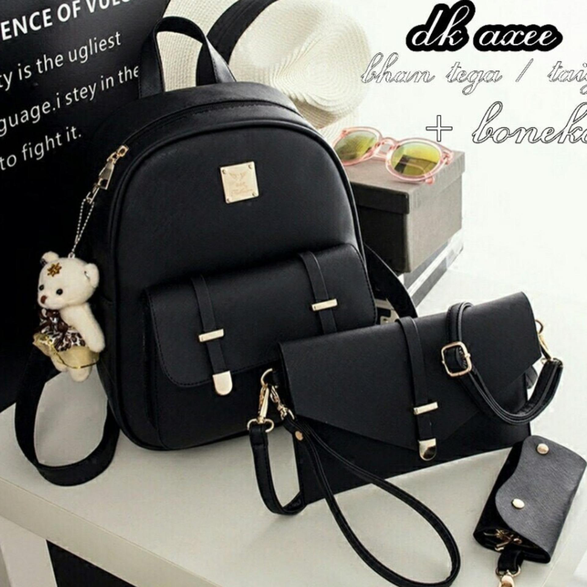 Backpack Set Louis 3 in 1 Double Clasp (Tas Ransel 3 in 1, Sling Bag / Tas Selempang, Pouch / Dompet) - Black