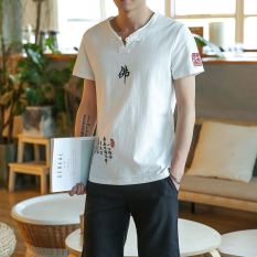 Bordir Oriental Style lengan pendek t-shirt musim panas linen kain linen (Buddha putih