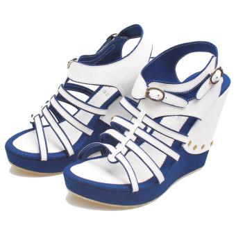 Gambar Bsm Soga Bsp 118 Sepatu Wedges Wanita   Bahan Synth   Cantik Dan Menarik(Biru Kombinasi)