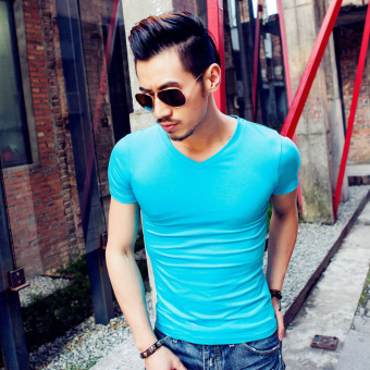 Gambar Casual Lycra solid color cotton short sleeved versatile bottoming shirt summer T shirt (Langit biru)
