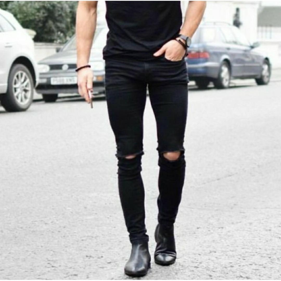 CELANA JEANS PRIA HITAM SOBEK / JEANS RIPED PRIA / JEANS SLIMFIT HITAM
