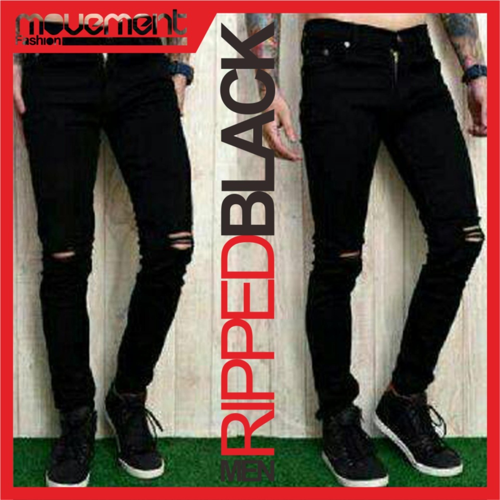 Celana Ripped Jeans Sobek Pria - Hitam