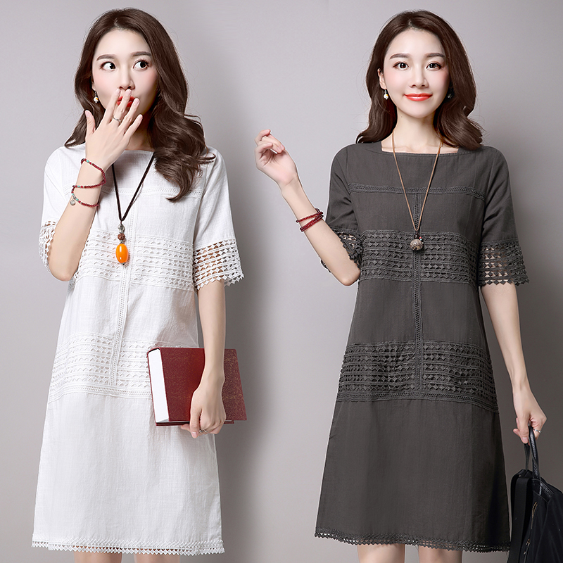 Elegan Korea Fashion Style Kain Linen Renda Kata Gaun (Putih Susu) baju wanita dress wanita Gaun wanita