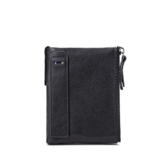 Fashion Pria Kulit Asli Kulit Sapi Zip Dompet Vintage Bifold dengan Double Zipper Kantong (Hitam