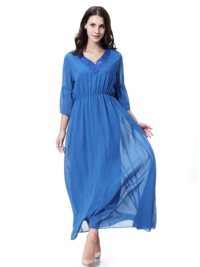 Fashion Wanita Gaun Muslim Kebaya V-neck Gaun Leher Renda, Diamonds Maxi Lengan Panjang
