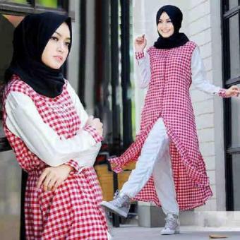 Gambar Flavia Store Maxi Dress Lengan Panjang Kotak FS0012   MERAH   Gamis   Gaun Muslimah   Baju Muslim Wanita   Terusan   Rnmaxinaomi