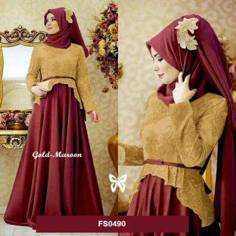 Gambar Flavia Store Maxi Dress Lengan Panjang Set 2 in 1 FS0490   MAROON EMAS   Gamis   Gaun Pesta Muslimah   Baju Muslim Wanita   Hijab   Sryolanda