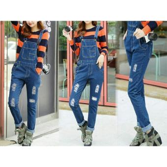 Gambar Flavia Store Overall Jeans Wanita Ripped FS0463   BIRU TUA   Celana Jumpsuit   Baju Kodok   Jamsuit   Rnjanetz