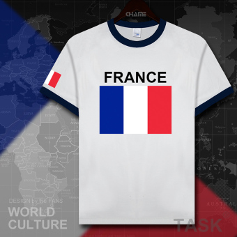 Gambar France sepak bola kapas t shirt pria lengan pendek kemeja pakaian (Hit warna kerah biru tua warna tepi hitam kata)