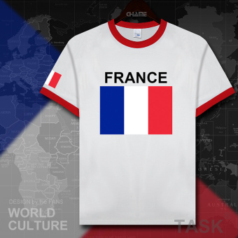 Gambar France sepak bola kapas t shirt pria lengan pendek kemeja pakaian (Hit warna kerah merah tepi hitam kata)