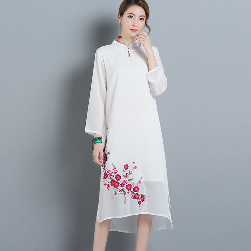 Flash Sale Gaya Cina sifon wanita baru dan bagian panjang tombol piring gaun .