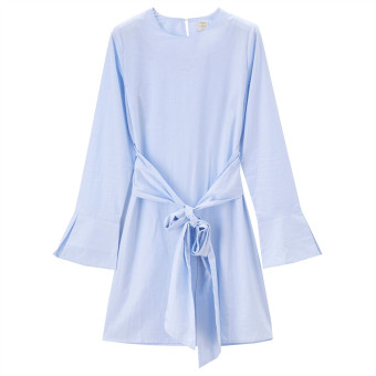 Gambar Giordano kapas musim gugur perempuan renda terompet lengan gaun kemeja rok (03 putih biru kotak kotak warna)