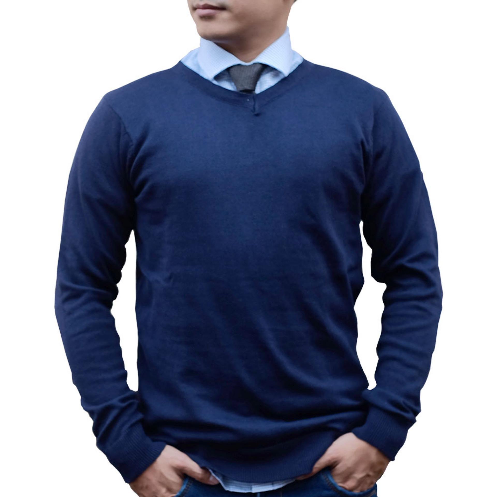 Gomuda Sweater Rajut Pria V-Neck Polos - Abu Tua