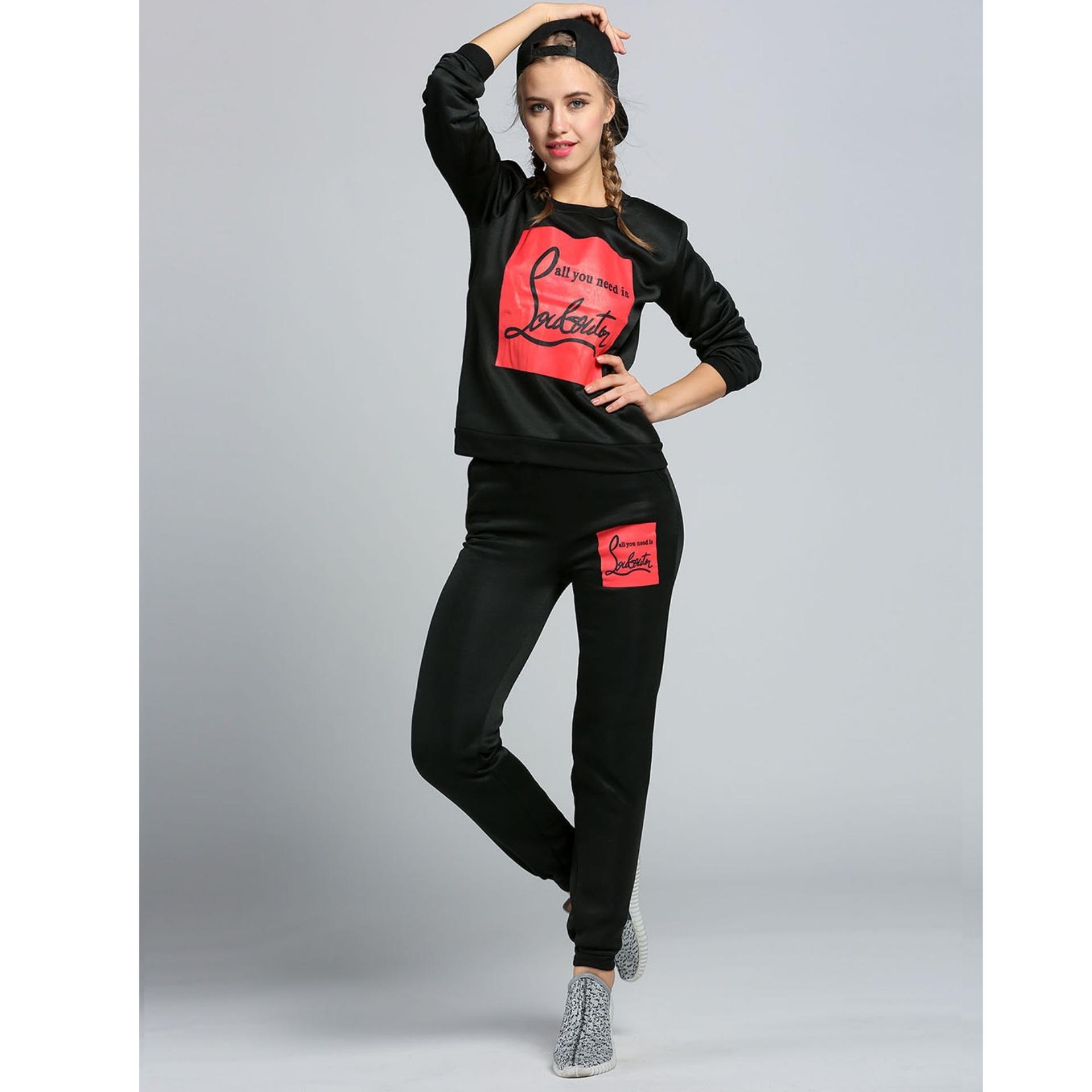 Happee Wanita Huruf Cetak Sportswear Tracksuits Casual Sweatshirts Hoodie + Celana 2 Pcs Set Keringat dan Celana Set (HITAM) -Intl